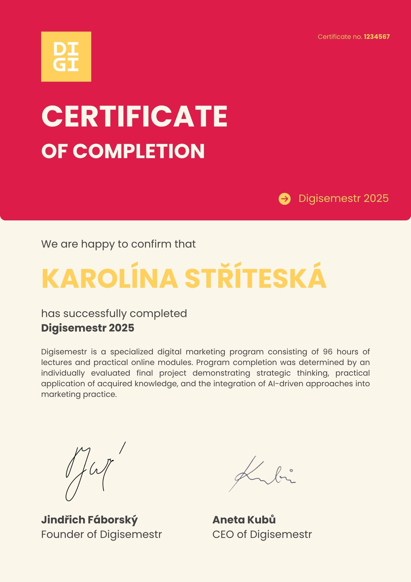 Certifikát Digisemestr — přední strana